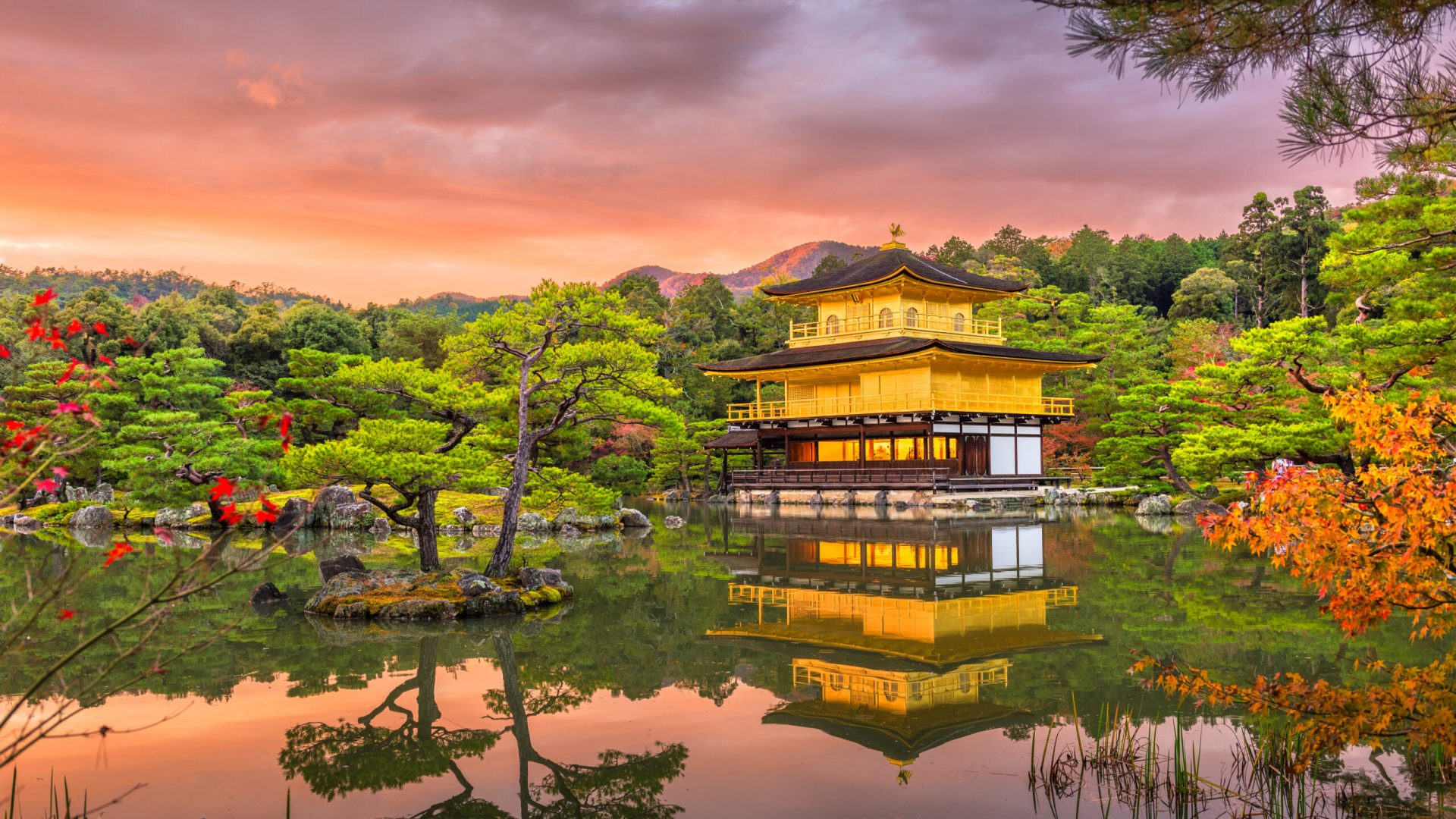 Kinkakuji Temple Japan Kyoto, Japan at Kinkaku-ji, The Temple of the Golden Pavilion at dusk.